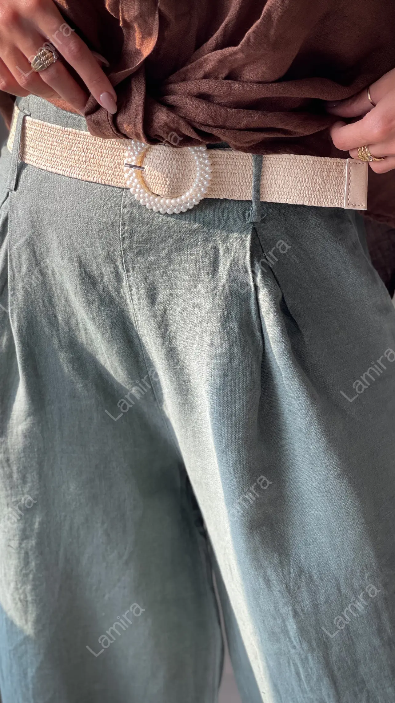 شلوار لینن ایتالیایی کمربند مرواریدی